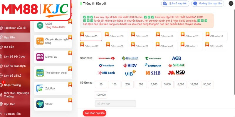 MM88 hiện hỗ trợ nhiều phương thức nạp rút và trả thưởng